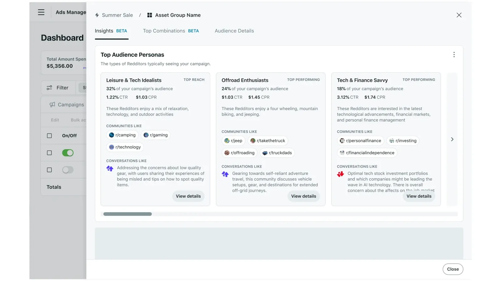 Reddit Ads Manager Top Audience Personas panel showing three AI-clustered audience segments