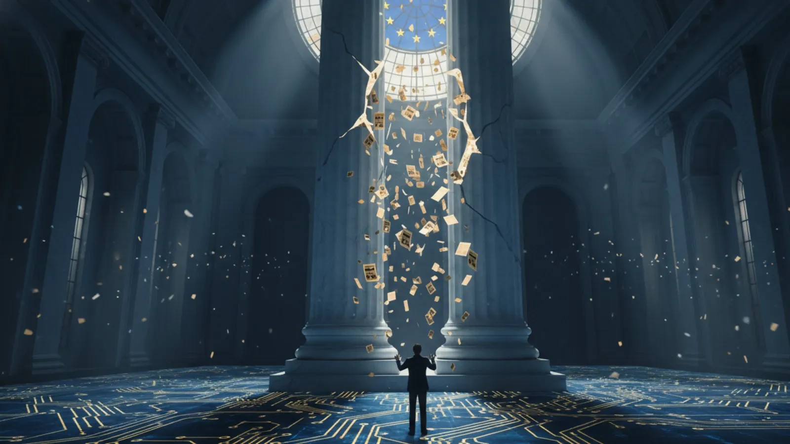EU institutional hall with cracked column and cascading search cards, digital circuit floor