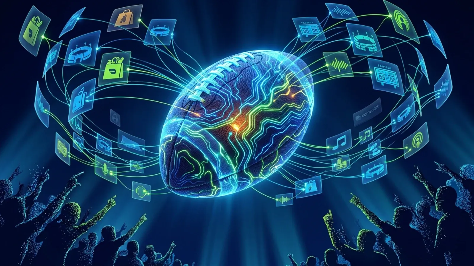 AI-powered NFL audience targeting segments orbit a data-mapped football, Proximic Comscore