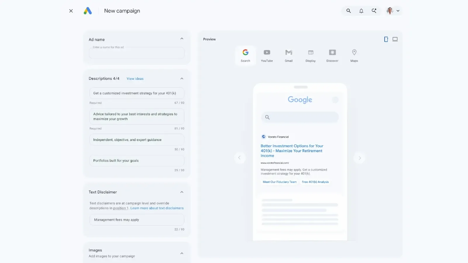 Google Ads campaign setup showing Text Disclaimer field and ad preview for a financial services ad.