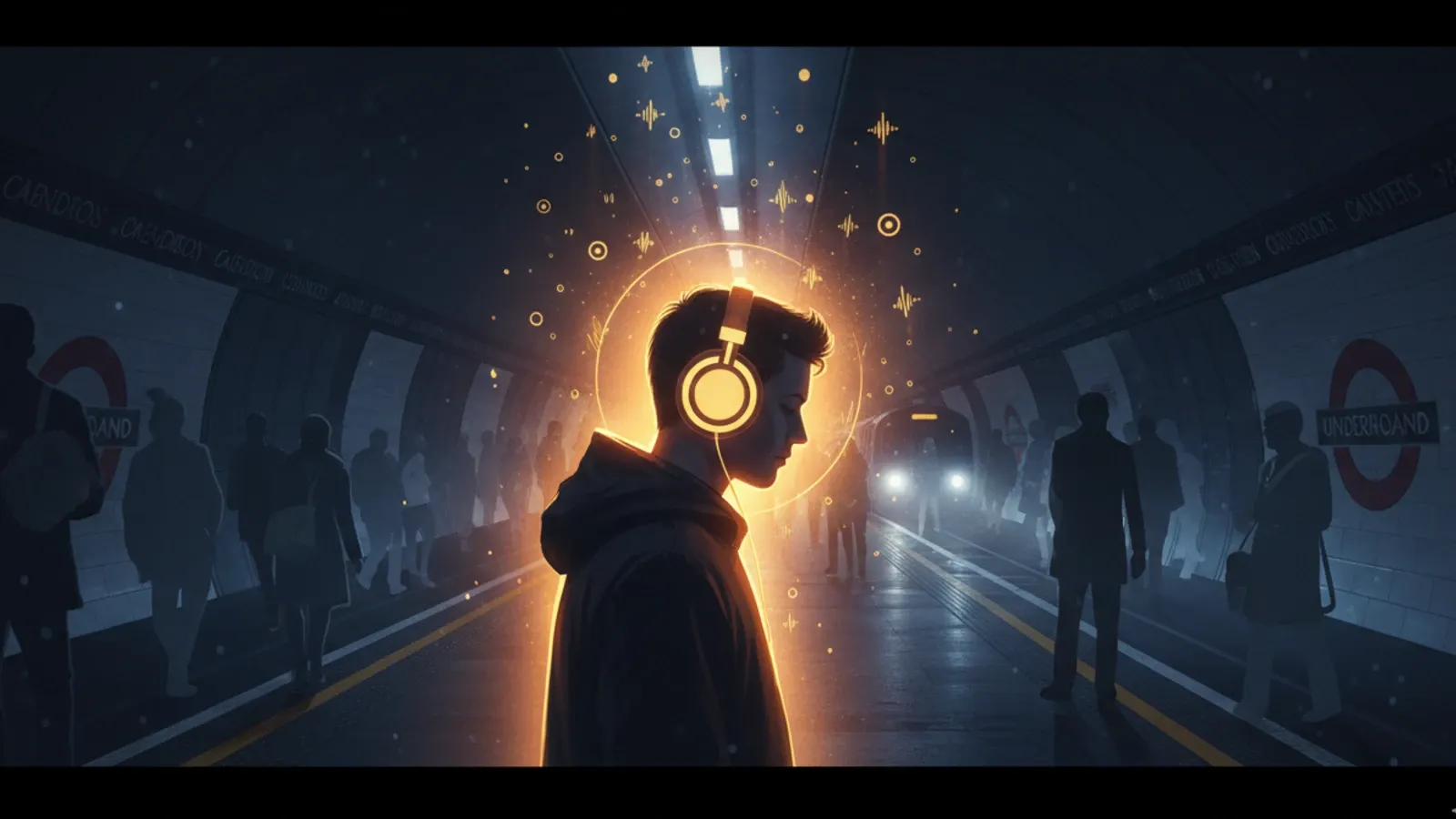 London Underground commuter with glowing headphones amid crowd, UK podcast advertising study