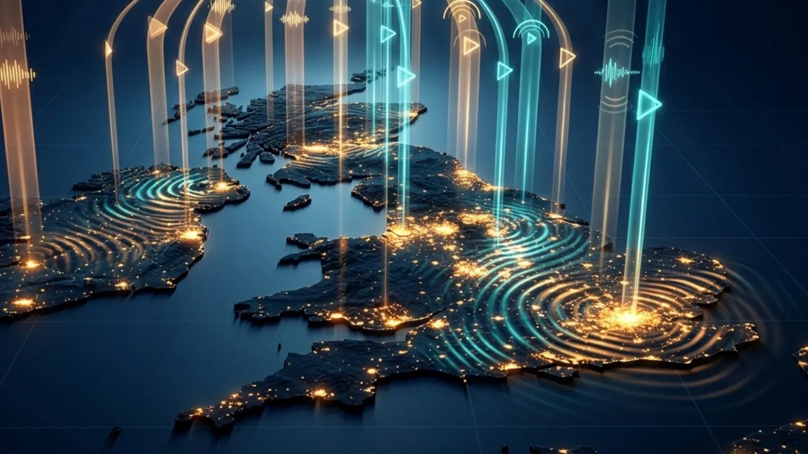 Glowing UK map with teal data streams unifying linear TV and VOD signals into one hub