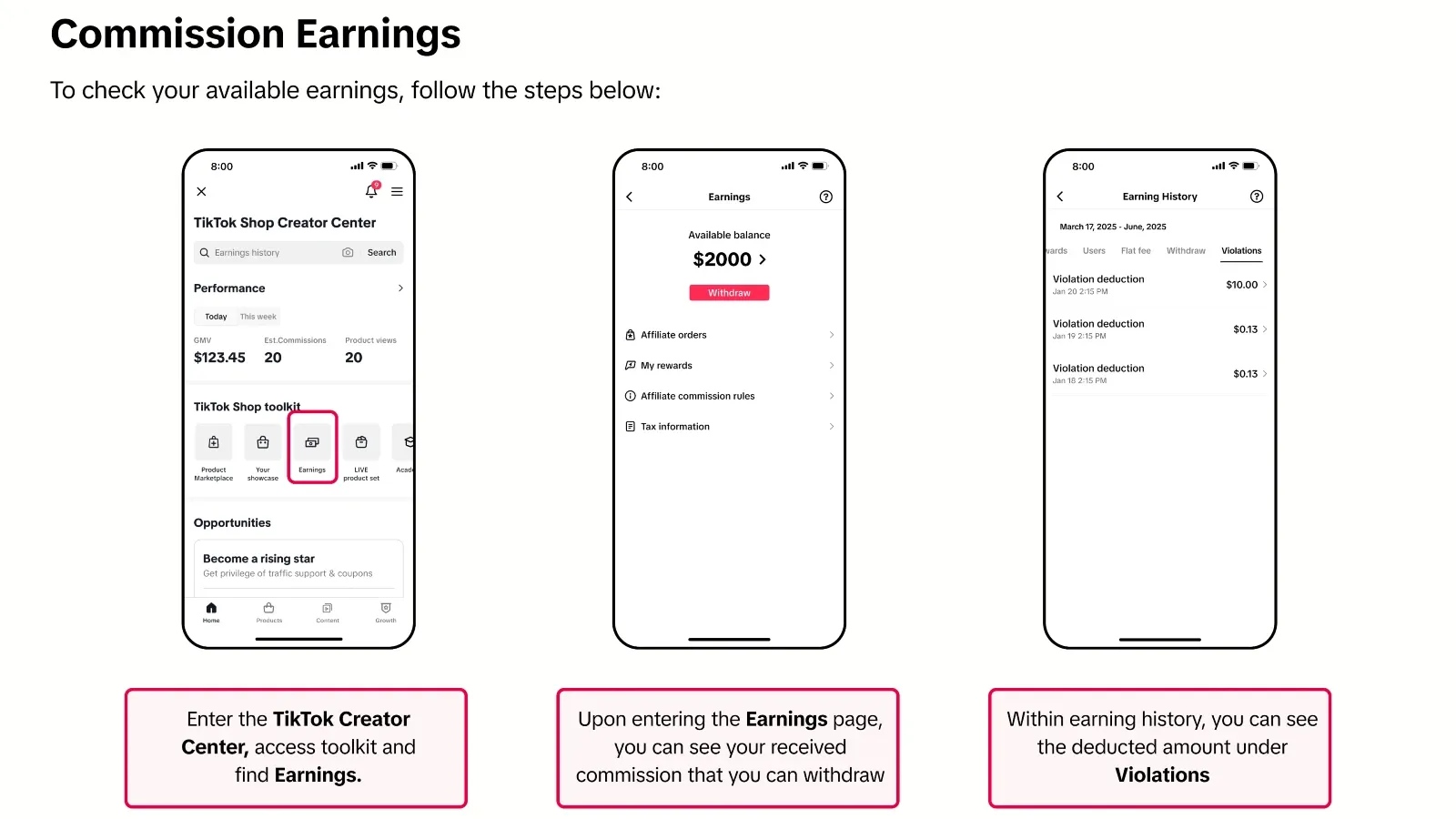 TikTok Shop Creator Center screens showing earnings balance and violation deductions.