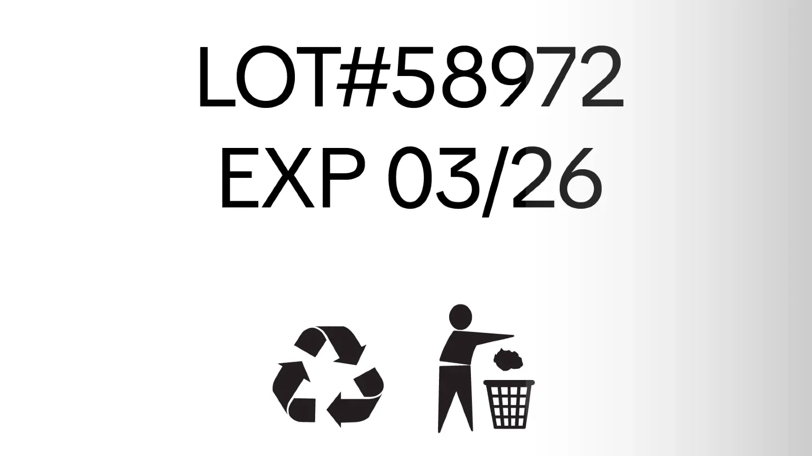 Product label showing lot number and EXP 03/26 expiration date with recycling icons