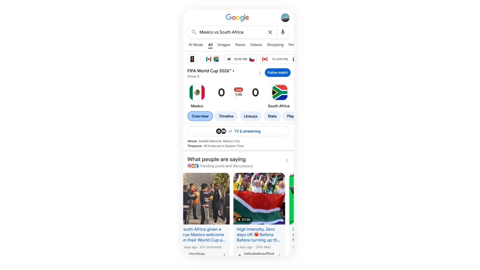 Google Search showing live Mexico vs South Africa FIFA World Cup 2026 score on mobile.