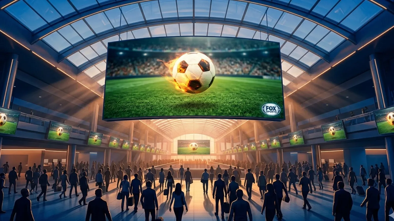 Airport terminal screens show live FIFA World Cup 2026 match on FOX Sports.