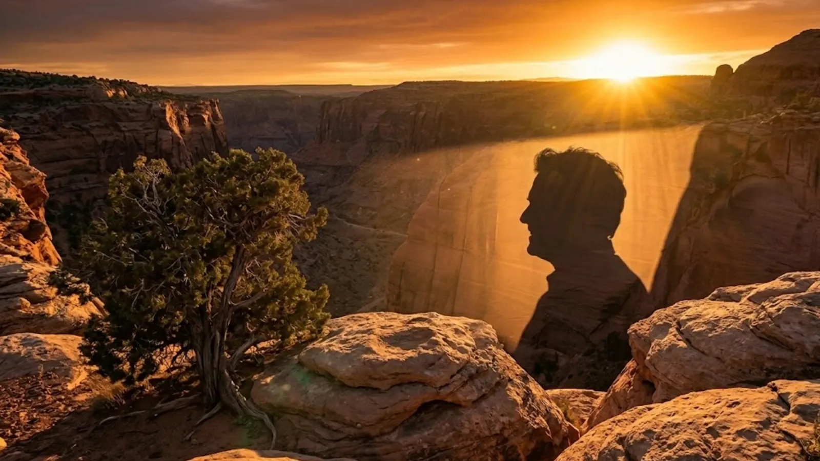 Silhouette of a media executive overlooking a canyon at sunset, symbolizing strategic vision.