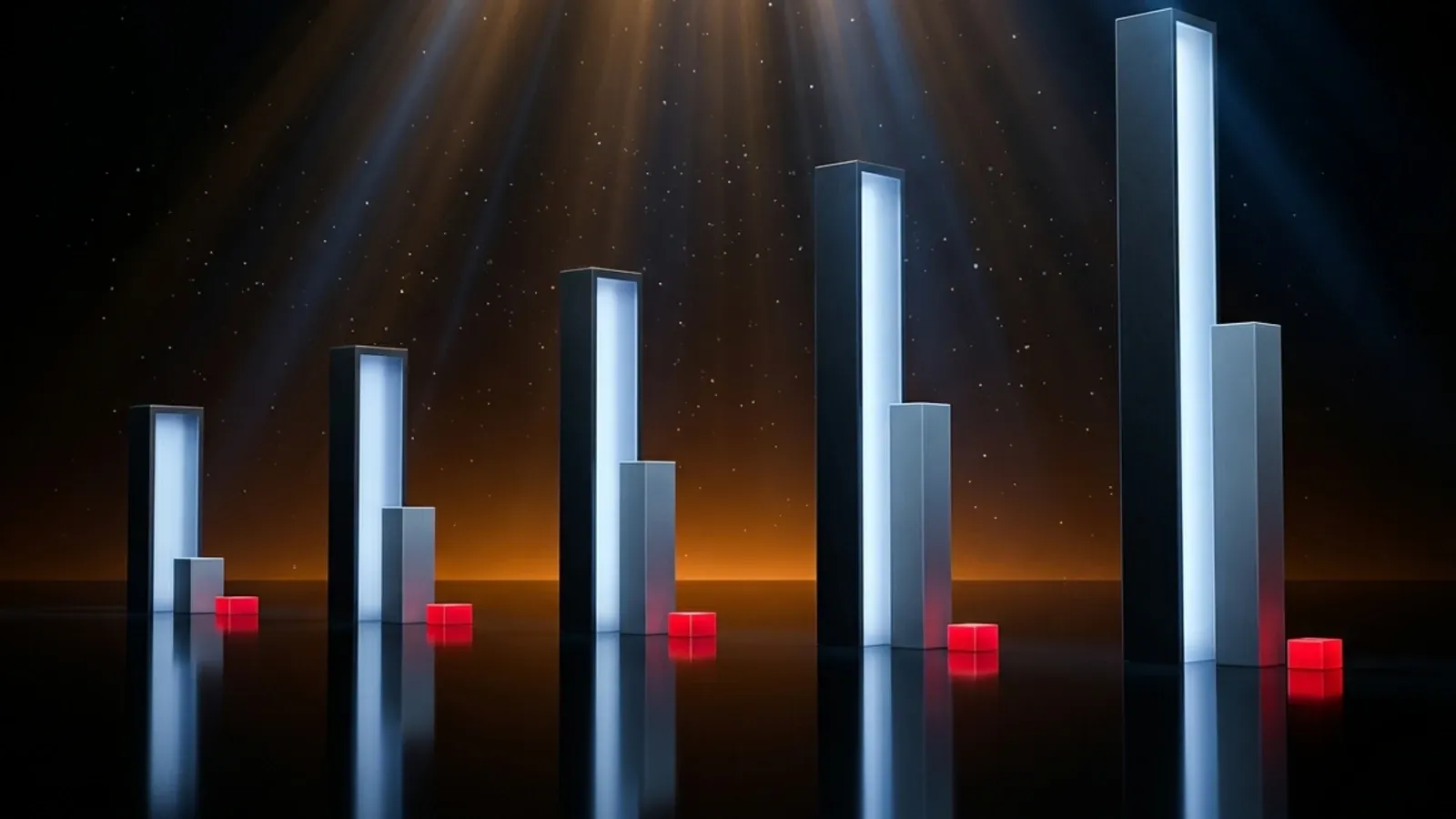 Glowing pillars rising in five clusters visualize US AI ad spend doubling to $68bn by 2030