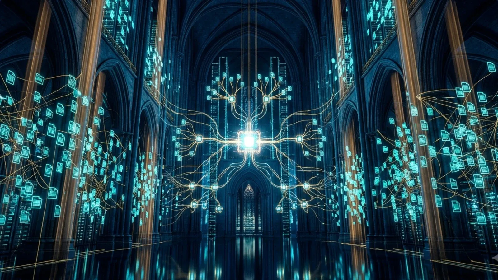 Glowing document network inside a digital cathedral representing Google's Open Knowledge Format