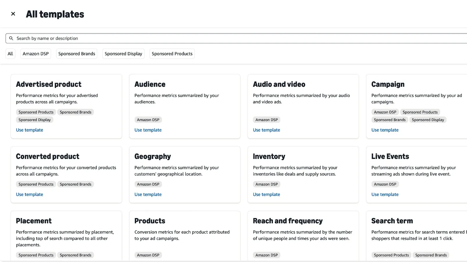 Amazon Ads unified reporting template gallery showing 12 pre-built report types in Ads Console.
