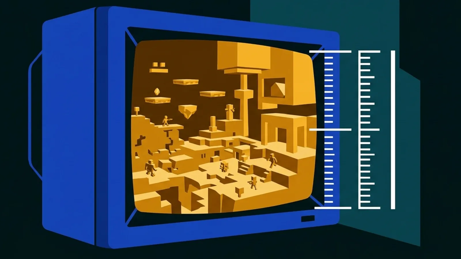 CRT television displaying a blocky gaming world beside a measurement gauge, cobalt and amber.