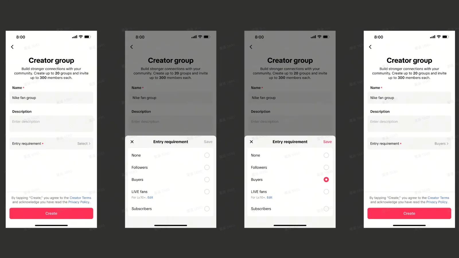 TikTok Shop Fan Group creation screen showing entry requirement options including Buyers selected.
