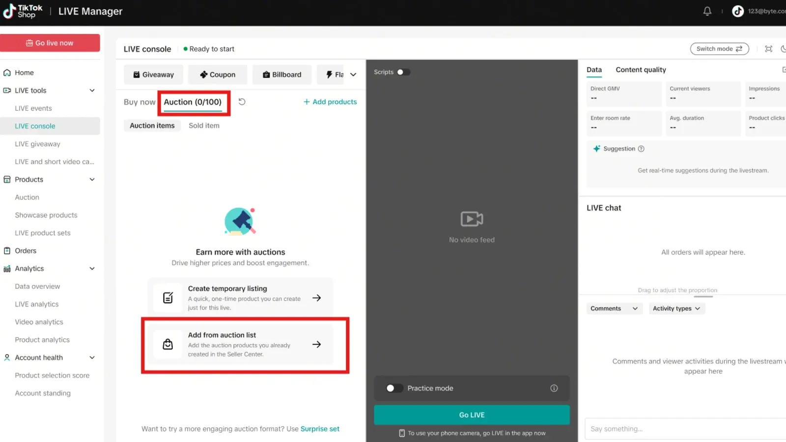 TikTok Shop LIVE Manager console showing Auction tab with 0/100 items and product listing options