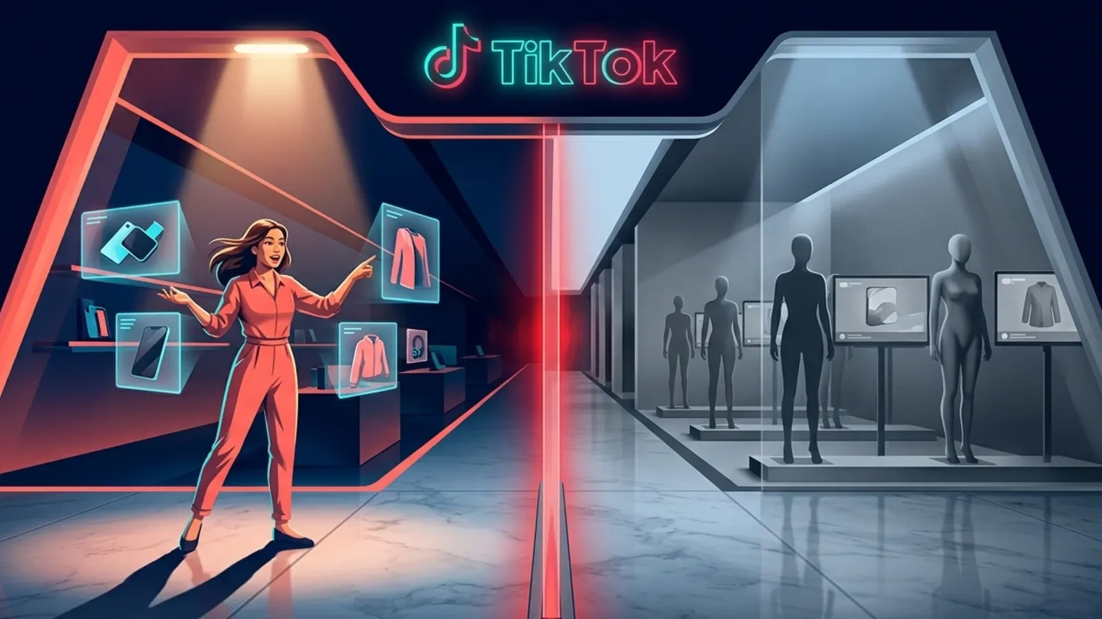 Split storefront showing live TikTok Shop presenter versus frozen static content zone.