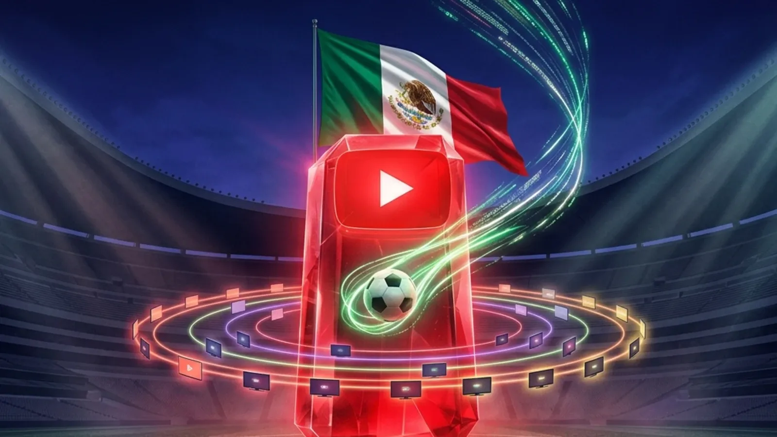 YouTube Primetime Channels Mexico launch with Mexican flag, World Cup football, streaming screens