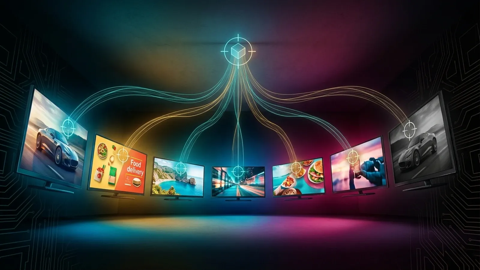 Addressable TV targeting node sends personalized ads to multiple household screens simultaneously