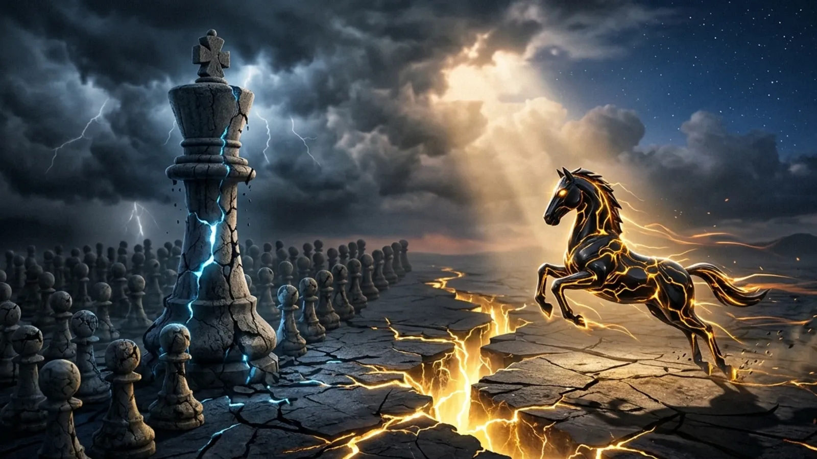 Crumbling holdco king faces a golden AI-powered knight on a fractured plain