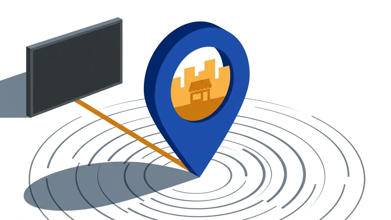 Location pin with storefront icon linked to a screen, representing digital-to-offline ad targeting