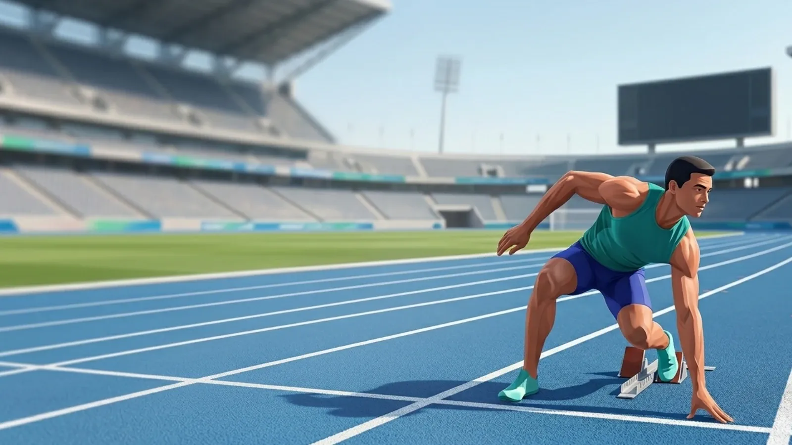 Runner at starting blocks on a blue track, representing publisher readiness for agentic advertising