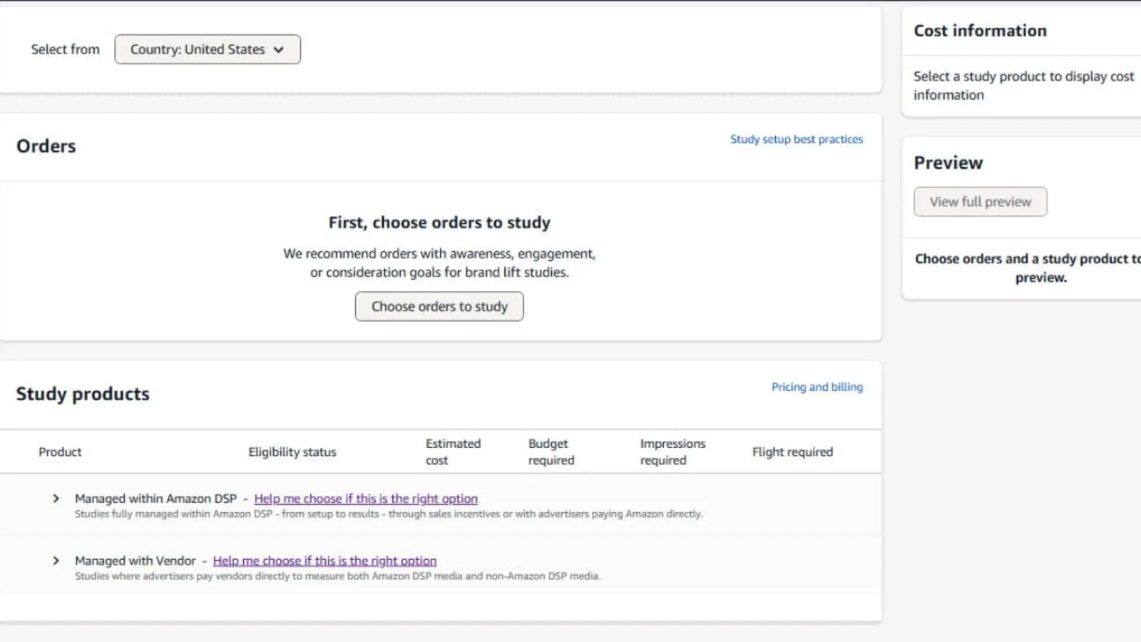Amazon DSP study setup screen showing Managed within Amazon DSP and Managed with Vendor options