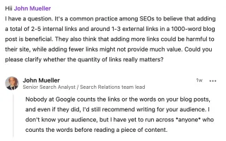 Nobody at Google counts the links or words in blog posts
