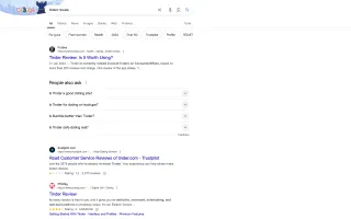 Image of Google search results page for the query "tinder review"