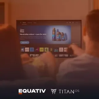 Titan OS smart TV interface showing shoppable ad technology from Equativ partnership for retail media.