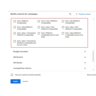 Google's new Demand Gen platform-comparable conversion columns offer detailed attribution metrics for cross-platform performance comparison.