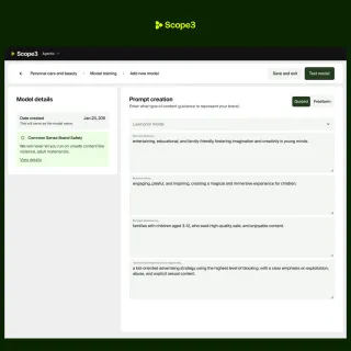 Scope3's brand safety model builder showing customization for child-friendly content filtering on Meta platforms.