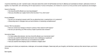 Amazon email reveals strategic questions to sellers about tariff impacts on sourcing, pricing, and logistics.