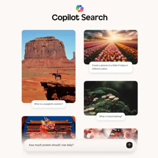 Microsoft's Copilot Search interface showing diverse query capabilities with visual tiles for travel, nature, and health questions.