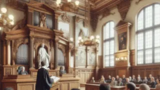 A stately German courtroom showing a judge in black robes facing a statue of justice, capturing the legal environment of the GDPR ruling.