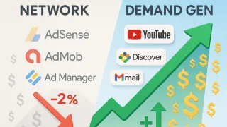 Google's strategic shift from Network to Demand Gen: visualizing the -2% revenue decline versus growth on owned platforms.