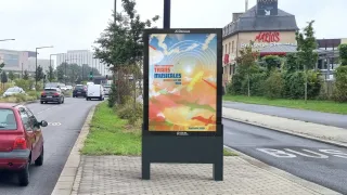 JCDecaux advertising panel in Rennes featuring Trans Musicales festival promotion with city branding.