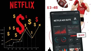 Netflix's ad revenue targets visualized: Graph shows projected $3-4B earnings with new Ads Suite platform alongside key sports partnerships driving growth.
