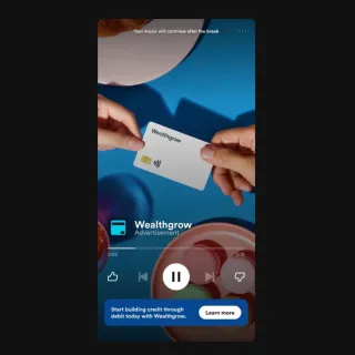 Spotify video ad showing Wealthgrow card—example of new programmatic advertising features on platform.