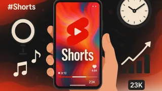 Smartphone displays YouTube Shorts with trending metrics, music notes, and analytics graph highlighting creator tools.