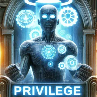  "Digital privilege visualization: Futuristic AI entity controlling data flow amid Apple's ATT privacy controversy