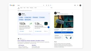 Google's new brand profile feature displays Bose audio products with AI-generated insights and shopping integration on Search results.