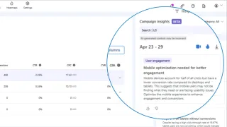 Microsoft Clarity's AI-driven Campaign Insights showing mobile optimization recommendation with analytics data