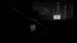 Abandoned content marketing office with declining traffic graph as Google's AI powers direct answers, bypassing publishers.