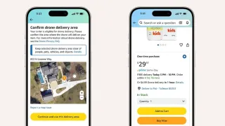 Amazon mobile app screens showing drone delivery area selection and $4.99 one-hour delivery option in Tolleson, AZ