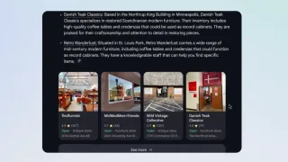 Google AI Mode displays furniture store listings with ratings, locations, and visual cards for local businesses.
