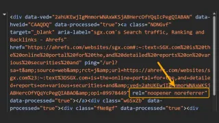 HTML code showing Google AI Mode links with noreferrer attributes that block referrer tracking.