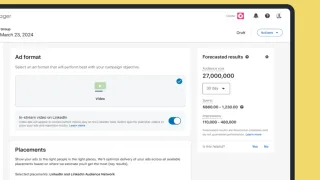 LinkedIn Campaign Manager showing in-stream video ad setup with potential reach of 27M professionals