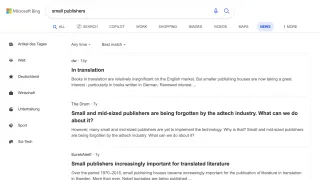 Bing News search results showing small publishers face discovery challenges after PubHub retirement affects visibility.