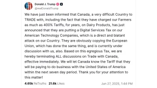 Trump Truth Social post announcing Canada trade talk termination over digital services tax June 27