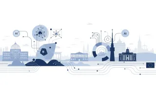 AI neural networks connecting with European institutional buildings representing EU AI Act compliance and regulation.