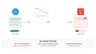 AI content trust study infographic showing 50% trust drop and 14% lower purchase intent for suspected AI content.